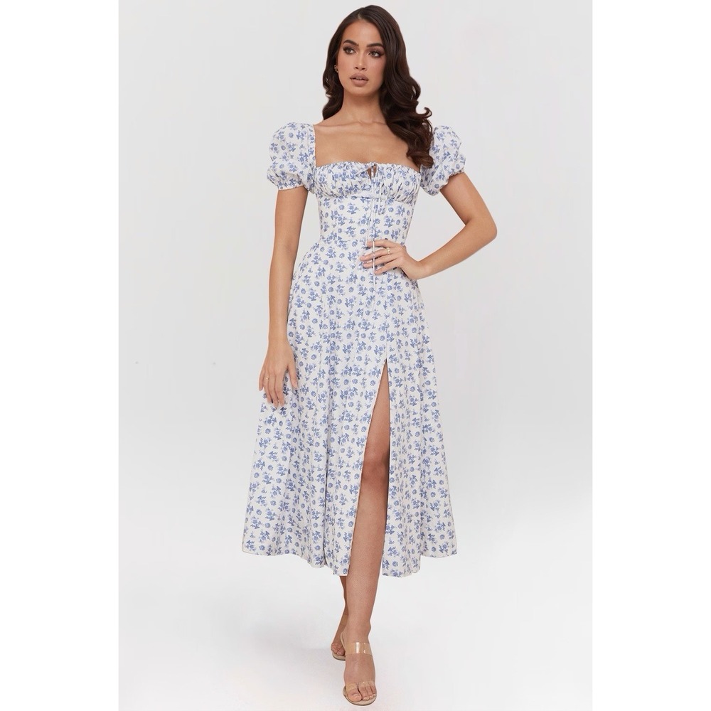House of CB Women's Tallulah White Blue Floral Puff Sleeve Midi Dress Sz L